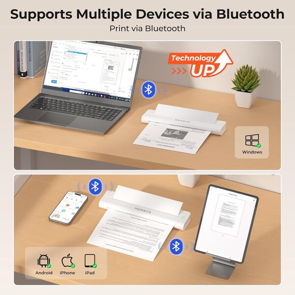 MUNBYN ITP02 Imprimante Thermique A4, Bluetooth Imprimante Portable sans Fil pour Le Voyage, Compatible avec Les Téléphones et Ordinateurs Portables Android et iOS, Petite Imprimante, Blanc