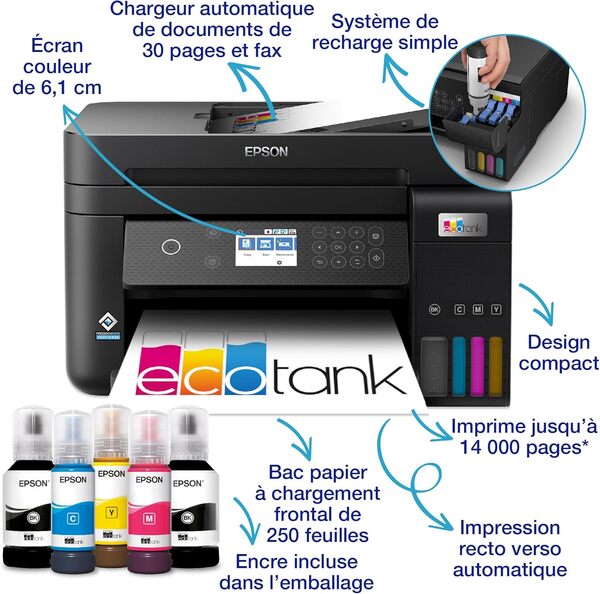 Imprimante EcoTank ET-3950 Epson Wi-Fi | Réservoirs à Encre, Impression Recto Verso, Jusqu'à 3 Ans D'encre Inclus