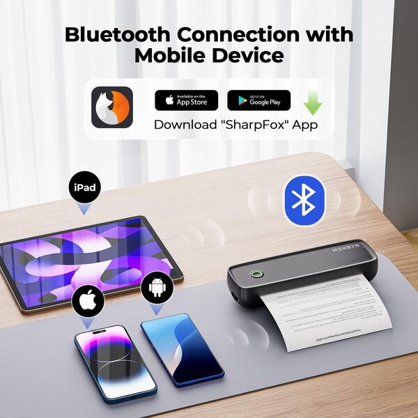 MUNBYN ITP04 Imprimante Thermique A4, Imprimante sans Encre Bluetooth Portable pour Le Voyage, Compatible avec Les Téléphones et Ordinateurs Portables Android et iOS, Noir