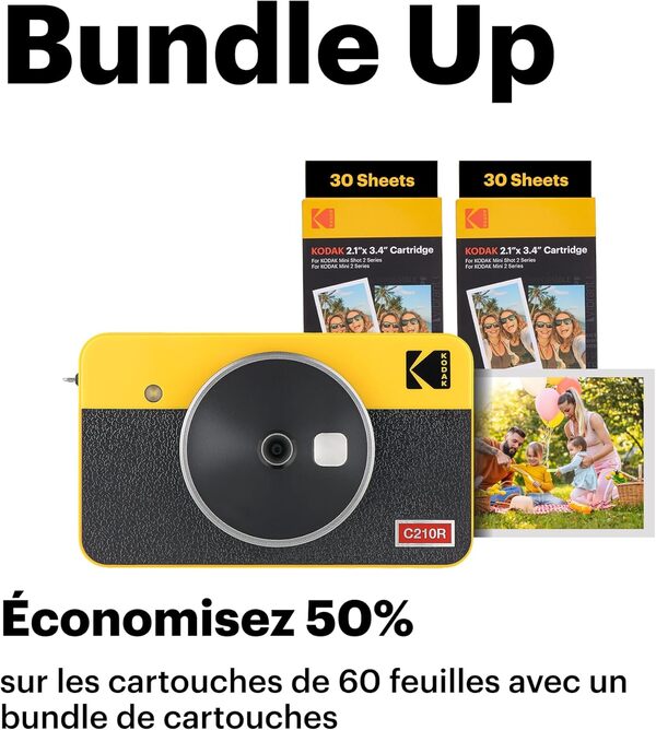 KODAK Mini Shot 2 Retro 4PASS 2-in-1 Appareil Photo Instantané et Imprimante Photo Portable (5,3x8,6cm) + Paquet avec 68 Feuilles, Blanc
