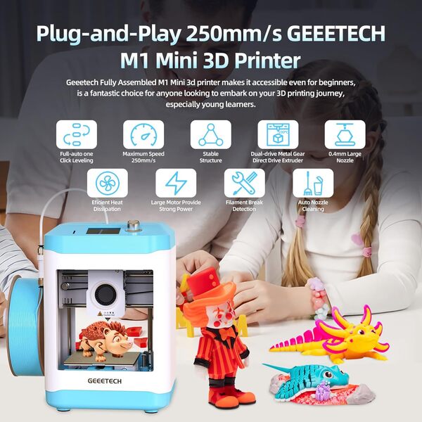 GEEETECH M1 Mini Imprimante 3D, imprimante 3D à extrudeuse à entraînement Direct 250 mm/s pour débutants avec écran Couleur, Trois Ventilateurs de Refroidissement, détection de Rupture de Filament