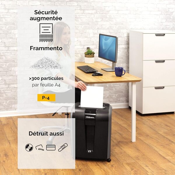 Fellowes Destructeur de Documents 73Ci, pour 1 à 3 utilisateurs Coupe Croisée, capacité: 12 Feuilles, Anti-bourrage, Détection Tactile, économie d'énergie, Corbeille extractible 23L, Noir, 4601101