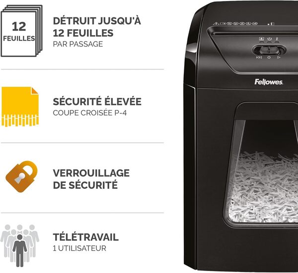 Fellowes Destructeur de Document 12C, destructeur de Papier avec agrafes et Carte de crédit, Coupe croisée, Verrouillage de sécurité, Corbeille 19L extractible, Capacité : 12 Feuilles, Noir, 7120101