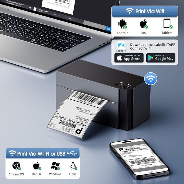 Phomemo 344WiFi Imprimante Thermique Etiquette Autocollante, Imprimante Etiquettes Expédition pour Les Bureau et Les Petites Entreprises, Compatible avec Amazon, Ebay, Etsy, Ups, Wish, Shopify