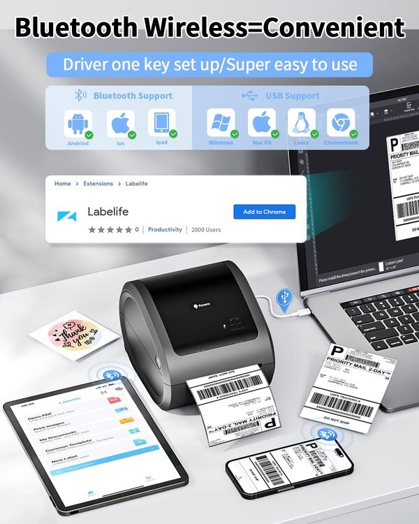 Phomemo Imprimante d'étiquettes d'expédition Bluetooth 4 x 6, D520BT Imprimante Thermique DHL pour Colis et Petites Entreprises à Domicile, Compatible avec iPhone, Android,Mac,Windows,Colissimo et UPS