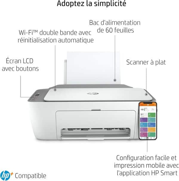 HP DeskJet 2720e Imprimante tout en un - Jet d'encre couleur – 6 mois d’Instant Ink inclus avec HP+ (Photocopie, Scan, Impression, Wifi)