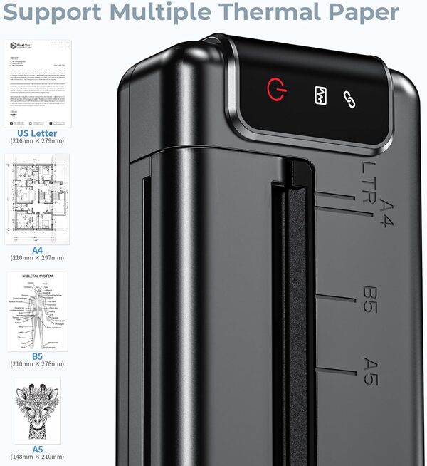 PhoFuta Mini Imprimante Thermique Portable, 300DPI Imprimante sans Encre, Supporte Le Papier Thermique US Letter/A4/B5/A5, Connexion par WiFi, Bluetooth, USB