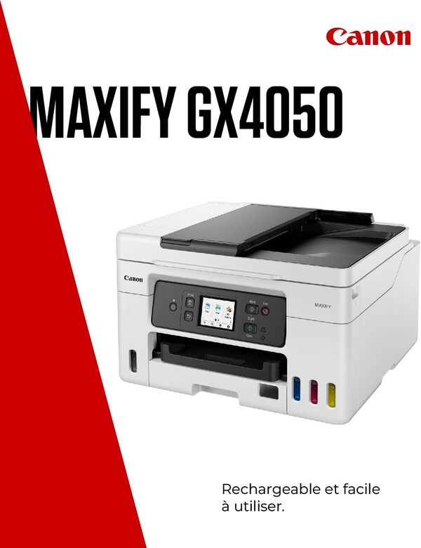 Canon MAXIFY GX4050 Imprimante A4 Couleur, pour la Maison et Le Bureau, Imprimante, Copieur, Scanner et Télécopieur Jet d'encre MegaTank Tout-en-Un, sans Fil, Connectivité Wi-FI, Ethernet et USB