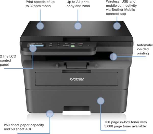 Brother DCP-L2620DW Laser A4 1200 x 1200 DPI 32 ppm Wi-Fi (DCP-L2620DW A4 Mono Laser MFP)