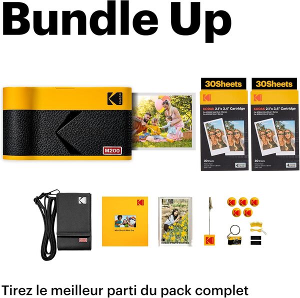 KODAK Mini 2 Era 4PASS Imprimante Photo Portable (5,3x8,6cm) (Jaune, Lot Accessoire avec 68 Feuilles (8 Feuilles initiales + Paquet de 60 Feuilles))