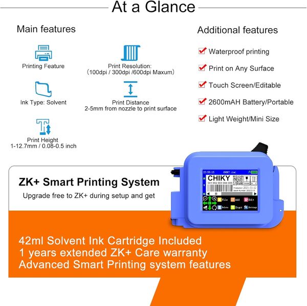CHIKYTECH Mini imprimante à jet d'encre portative, machine de codage portable de poche avec écran tactile LED de 2,4 pouces, imprimante à jet d'encre pour impression