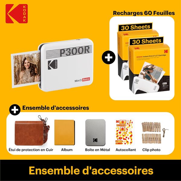 KODAK Mini 3 Retro, Imprimante Photo Portable, Impression Rapide, Photos HD, 54 x 86 mmn Bluetooth, Compatible iOS et Android, Pack de 68 Papiers Photo – Blanc