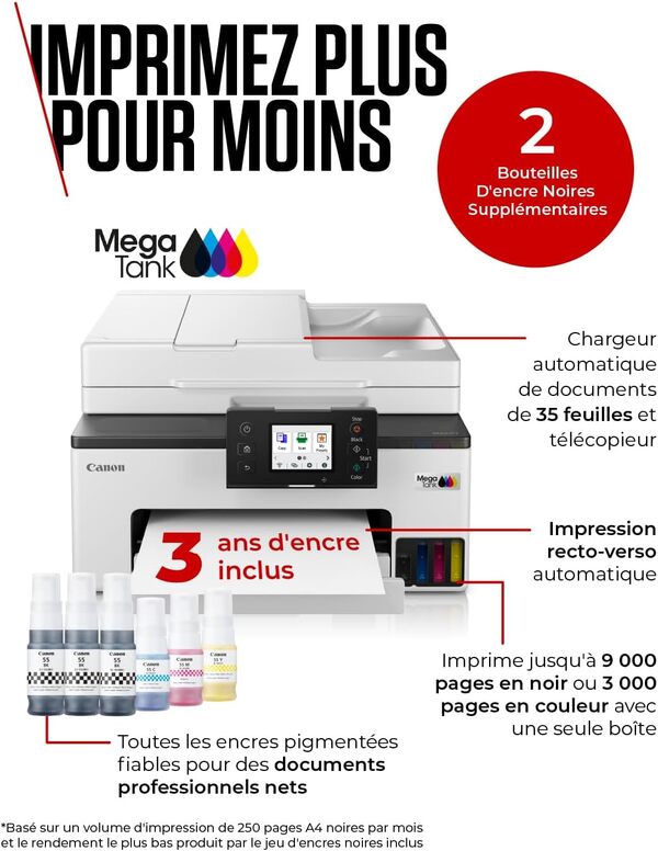Canon MAXIFY GX2050 Imprimante A4 Couleur pour la Maison et Le Bureau, Imprimante, Copieur, Scanner et Télécopieur Jet d'encre MegaTank Tout-en-Un, Wi-FI, Ethernet, USB | Comprend 6 bouteilles d'encre