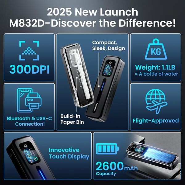 Phomemo M832D Imprimante Thermique, Imprimante Thermique A4 avec Écran Tactile pour Maison et Bureau sans Encre, Imprimantes Mobiles 300 dpi Compatible avec iOS et Android, Phones & Laptop