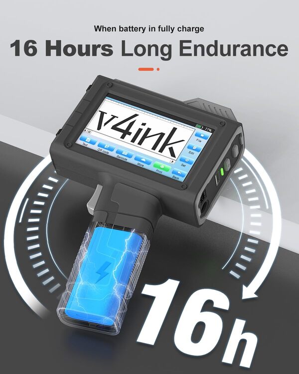 v4ink BT-HH6205BL Imprimante à Jet d'encre Portable avec tête d'impression de 0.5 Pouce et capteur photoélectrique, d'imprimer des Codes QR, Codes à Barres, Logos, Images sur n'importe Quelle Surface