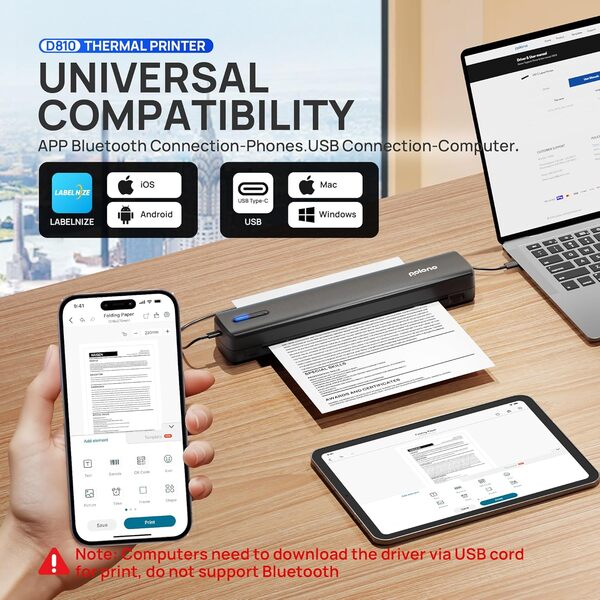 POLONO D810 Imprimante thermique A4 sans fil pour voyage, imprimante mobile A4 prise en charge de la lettre américaine de 8,5