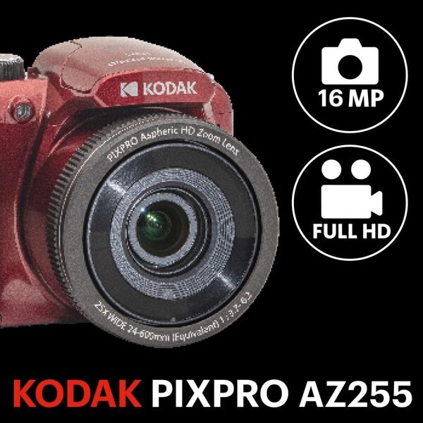 KODAK Pixpro Astro Zoom AZ255 + Carte Mémoire SD 32 Go - Appareil Photo Bridge Numérique 16 Mp, Zoom 25X, Video HD 1080p, Grand angle 24 mm, Ecran LCD 3, Pile AA - Rouge