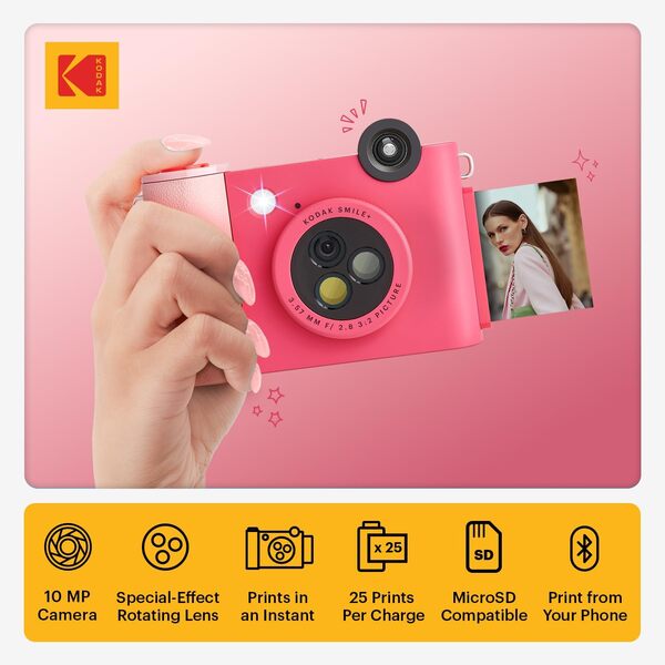 KODAK Smile+ Appareil Photo numérique à Impression instantanée 2 en 1 et imprimante Photo sans Fil Bluetooth – 10 MP, Objectif à Effet Rotatif spécial, Photos Autocollantes Zink 2 x 3 – Fuchsia