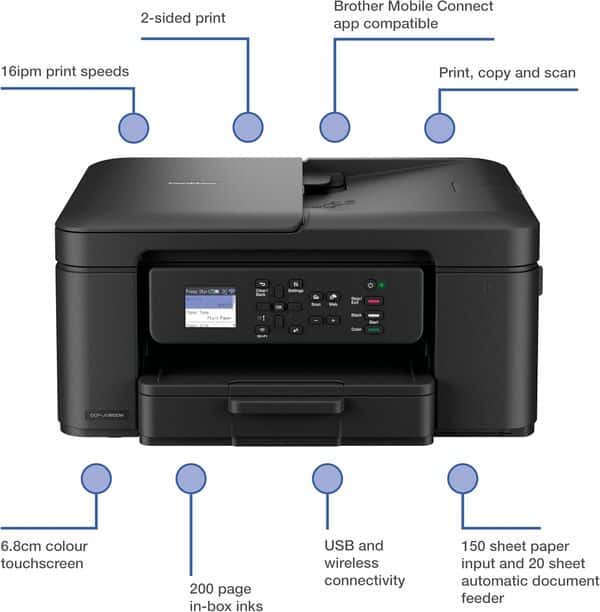 Brother DCP-J1460DW Imprimante à jet d'encre sans fil A4 | tout-en-un (impression/copie/numérisation) | Wi-Fi/USB 2.0 | A4 | Impression recto-verso | Photos | Encres incluses | Prise britannique