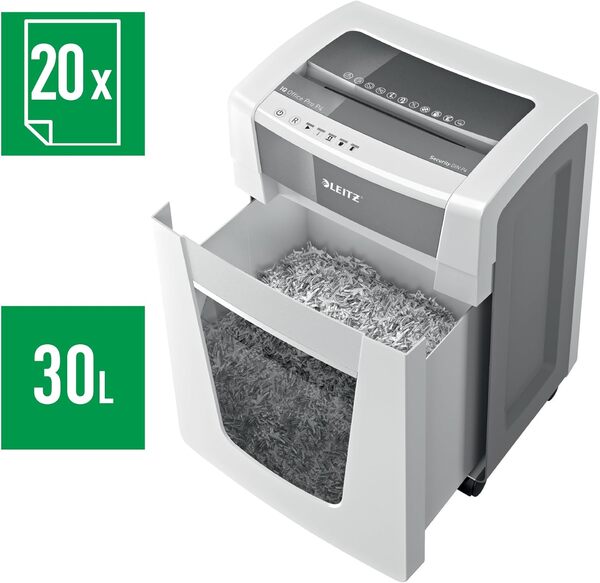 Leitz IQ 80060000 - Destructeur Coupe Croisée - Office Pro P4, Jusqu'à 22-20 feuilles (70-80 grs), Corbeille 30L, Blanc