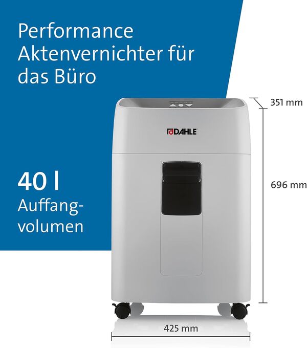 Dahle 404P Deskside, destructeur de documents P-4 de grande capacité, moteur puissant pour 21 feuilles, durée de fonctionnement prolongée, bac extractible, sans huile, pour la maison et le bureau