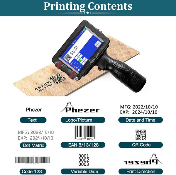 Phezer Imprimante à Jet d’Encre Portative Modèle P16 Améliorée pour Toutes Les Surfaces Buse de 0,5 Pouce, Machine de Codage Intelligente à 360° pour Date d’Expiration, Code-Barre, Logo, Label