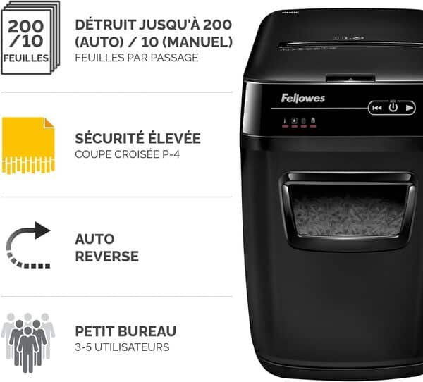 Fellowes Destructeur De Documents Automatique Automax 200C Coupe Croisée 200 Feuilles - 5 Minutes - Technologie Silencieuse