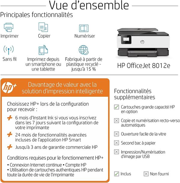 HP OfficeJet Pro 8012e Imprimante tout-en-un Jet d'encre couleur - 6 mois d'Instant ink inclus avec HP+ (A4 Copie Scan Chargeur de documents Recto verso Wifi Bac grande capacité 225 feuilles)