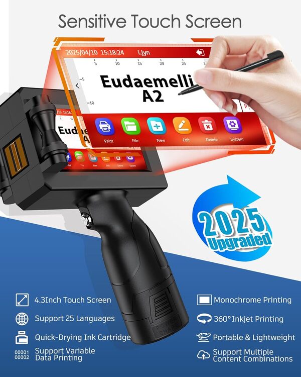 Imprimante à Jet d'encre Portable et Manuelle A2 avec Cartouches d'encre de 42 ML, Capable D'imprimer Codes-Barres, Codes QR, Logos, Dates et Numéros Lot (Hauteur d'impression : 2 à 25,4 mm)