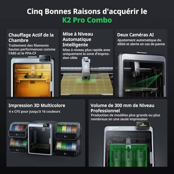 Découvrez notre test détaillé de la Creality K2 Pro Combo : une imprimante 3D haute vitesse avec intelligence artificielle intégrée. Performances, caractéristiques et avis d'expert. 